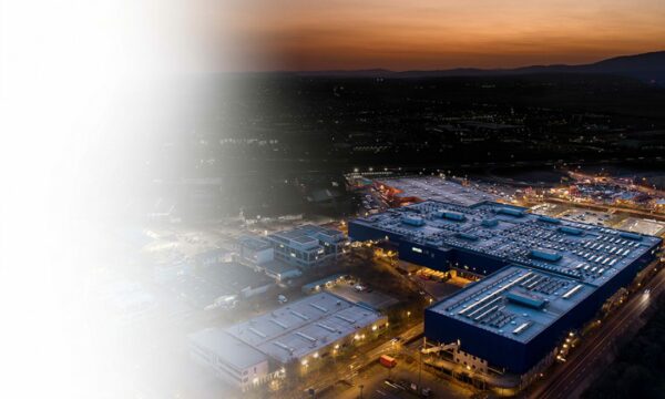 Aerial view of industrial zone at night