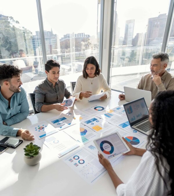 Team discusses graphs around an office table