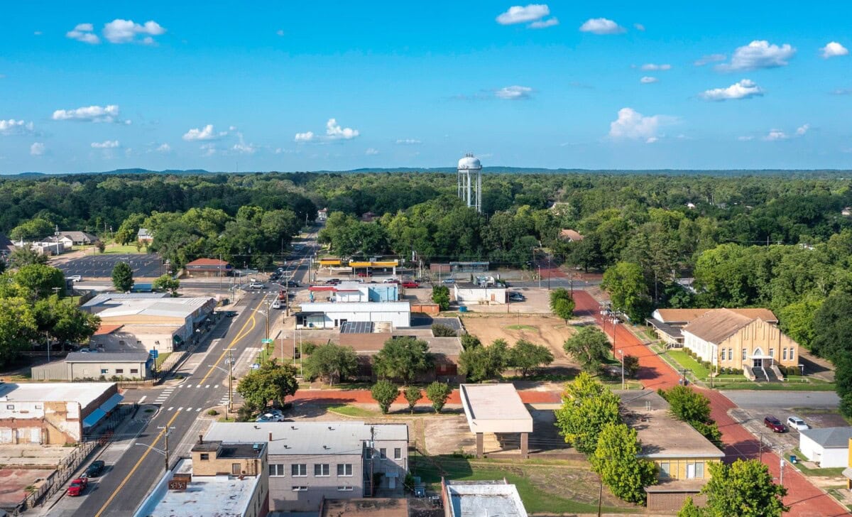 Aerial view of Gladewater, Texas and surrounding landscape