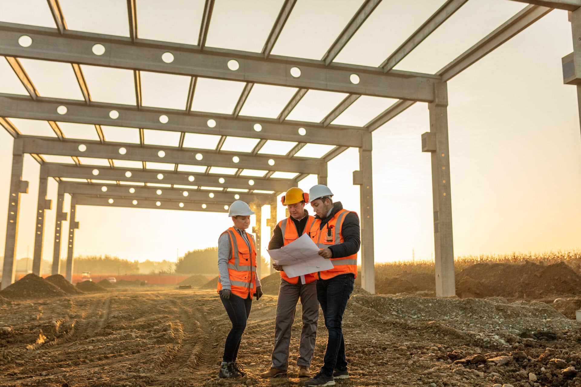building contractors analyzing blueprint at construction site